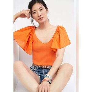 Anthropologie MAEVE‎ M/Medium Orange Creamsicle Flutter Sleeve Ribbed V-Neck Top